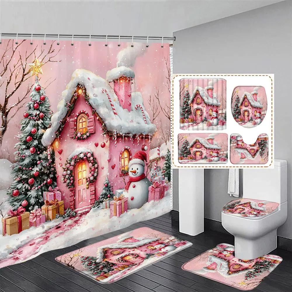

Рождественский комплект занавесок для душа и коврика Снеговик Санта-Клаус Снежные рождественские подарки Подвесная занавеска Коврик для унитаза Декор для ванной комнаты W150xH180cm