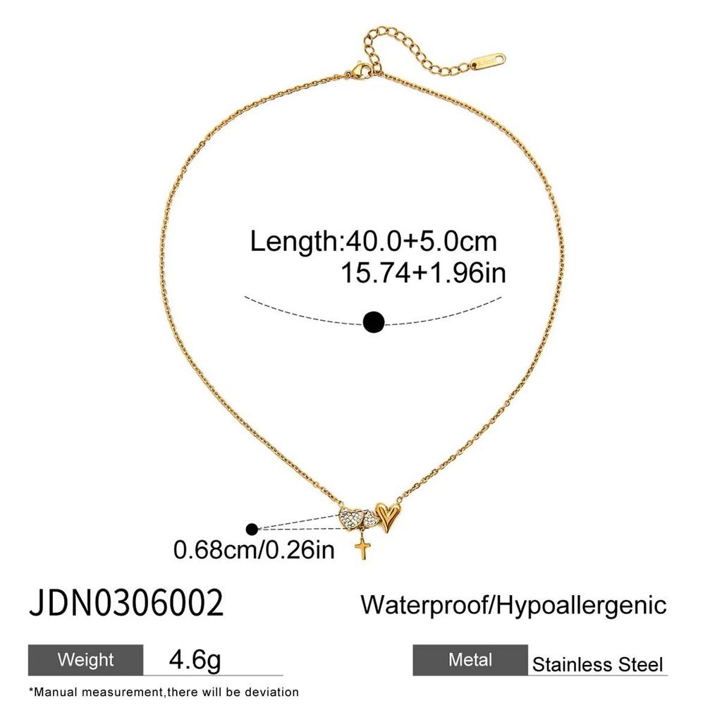 Hot Selling Daily Wearing 18k Gold Plated Stainless Steel Necklace Simple Double Heart Cross Zircon Pendant Elegant Shiny
