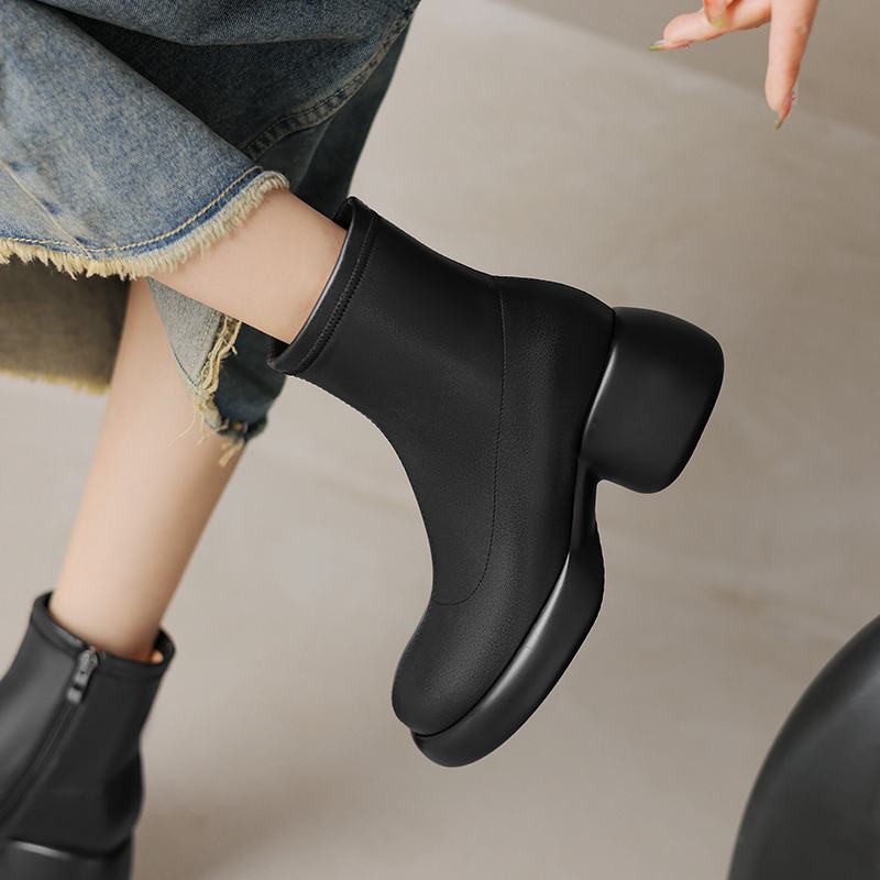 Krazing Pot Microfiber Winter Round High Heels Western Boots Women Zipper Size 43 Street Wear Platform Ankle Boots