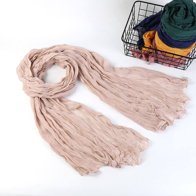 Solid Color Crinkle Cotton Linen Scarf New Warm Silk Pleated Green Retro Thin Long Strip Shawl Men And Women'S
