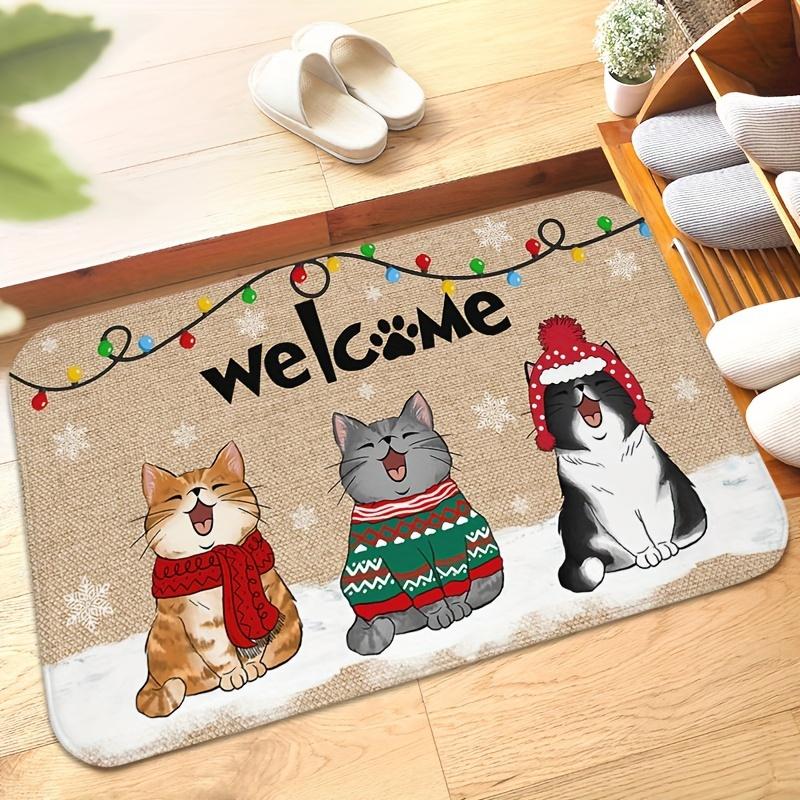 Plush Cat Welcome Doormat, Ultra-Soft Absorbent Polyester Rug, Non-Slip Christmas Decor for Bathroom Living Room Rug