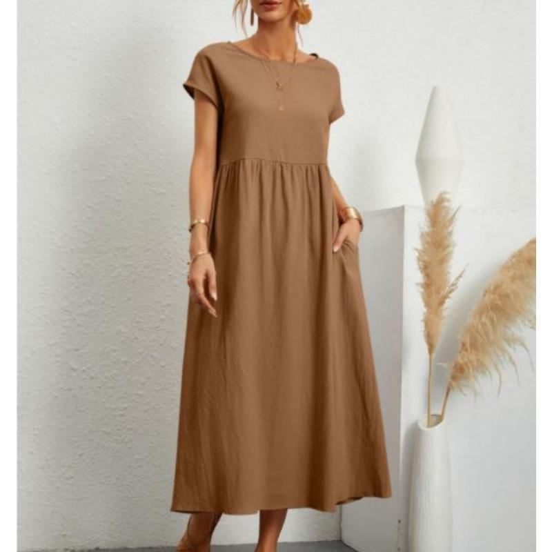 Sommerkleid Damen Rundhals Lang Ärmellos Übergröße Locker Einfarbig Lang Langer Abschnitt Große Swing Weste Baumwollleinenkleider XL kamelfarben