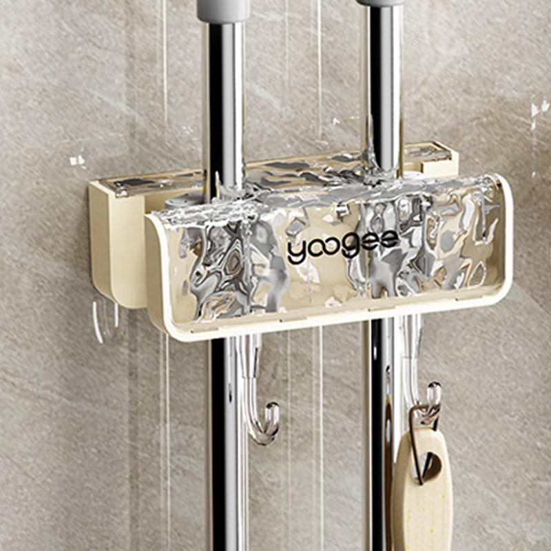 Water Ripple No-Drill Luxury Double-Head Mop Holder, Wall Mount Bathroom Broom Holder Adhesive Storage Rack
