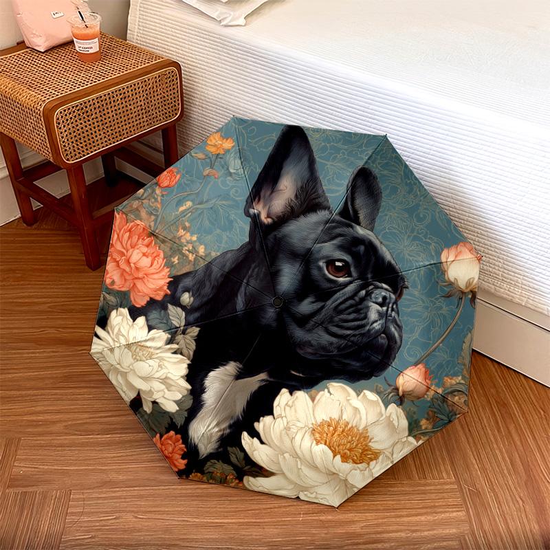 0106 Floral Black Dog  pattern, automatic folding umbrella, portable and foldable design, 8 ribs, a Christmas or birthday gift.