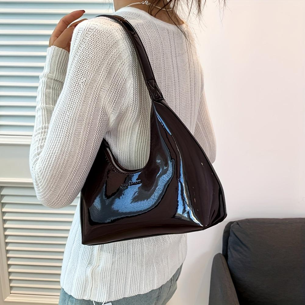 Solid Color Glossy Shoulder Bag Trendy PU Leather Hobo Bag Women'S Fashion Handbag & Tote Purse
