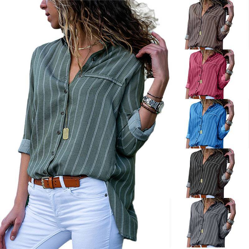 Women Autumn Striped Floral Long Sleeve Button V Neck T Shirt For Casual Chic