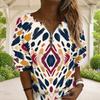 Women Plus Size V Neck Front Zip Blue Beige Watercolor Printed Long Sleeve Sweatshirt