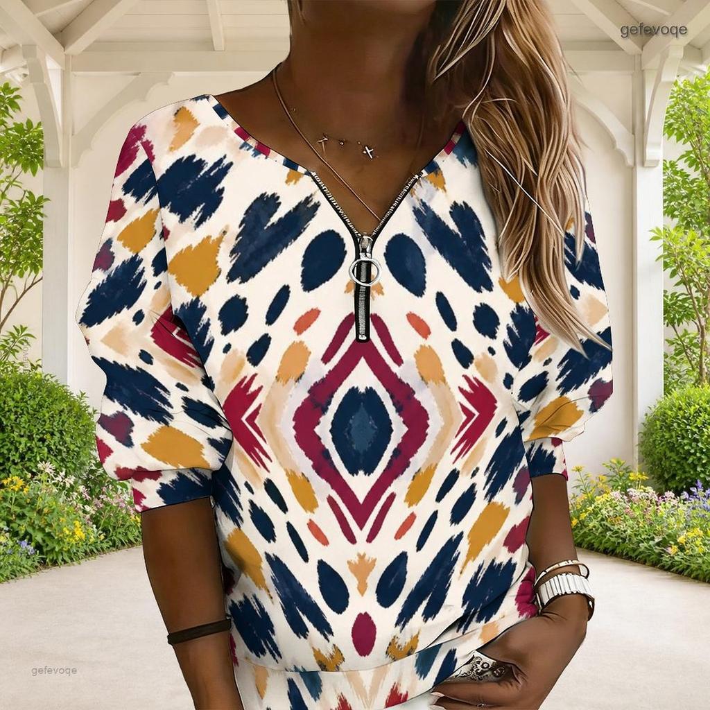 Women Plus Size V Neck Front Zip Blue Beige Watercolor Printed Long Sleeve Sweatshirt