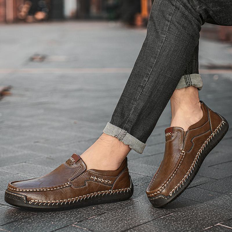 Comfortable Mens Soft-Soled Slip On Flats Casual Leather Loafers Versatile Business Shoes Non Slip Male Hiking Shoes Big Size 48