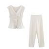 Damen V-Ausschnitt Weste-Stil Oberteil & Lange Hose Set - Lässiges Einreiher-Design