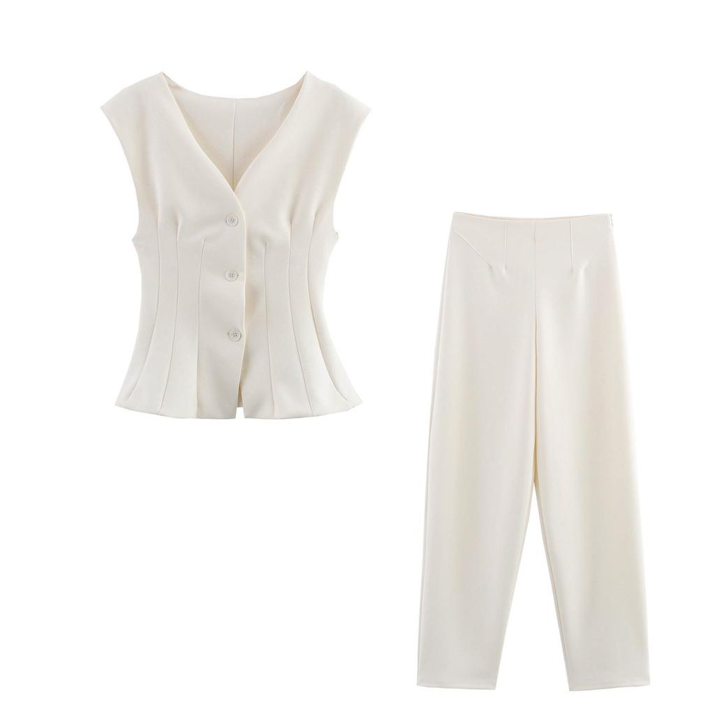 Damen V-Ausschnitt Weste-Stil Oberteil & Lange Hose Set - Lässiges Einreiher-Design