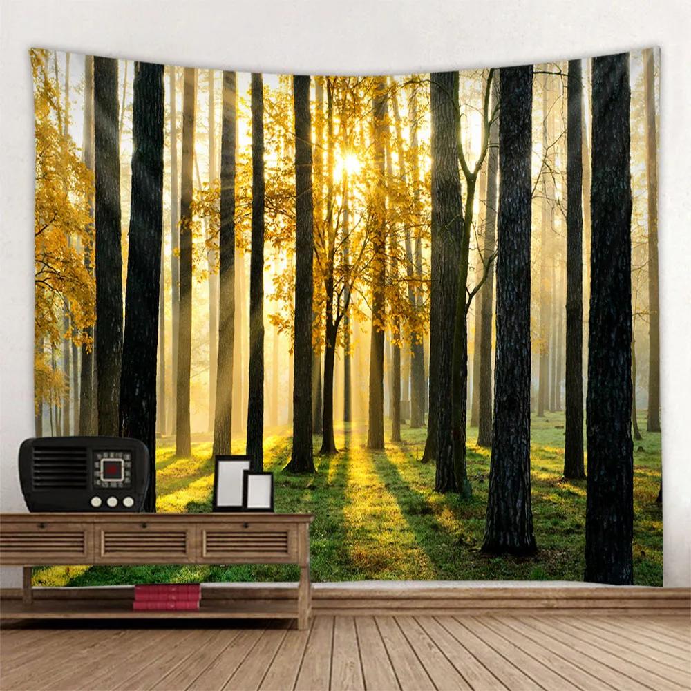 Sunshine Forest Tapestry Natural Landscape Wall Hanging Hippie Home Living Room Bedroom Background Cloth Poster Blanket