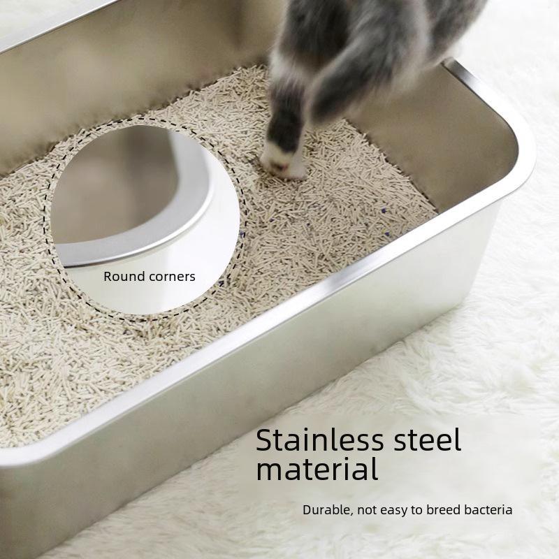 Cutie de litieră extra mare din oțel inoxidabil cu partea superioară deschisă - Anti-stropire, semi-închisă, ridicată, rezistentă la mirosuri.