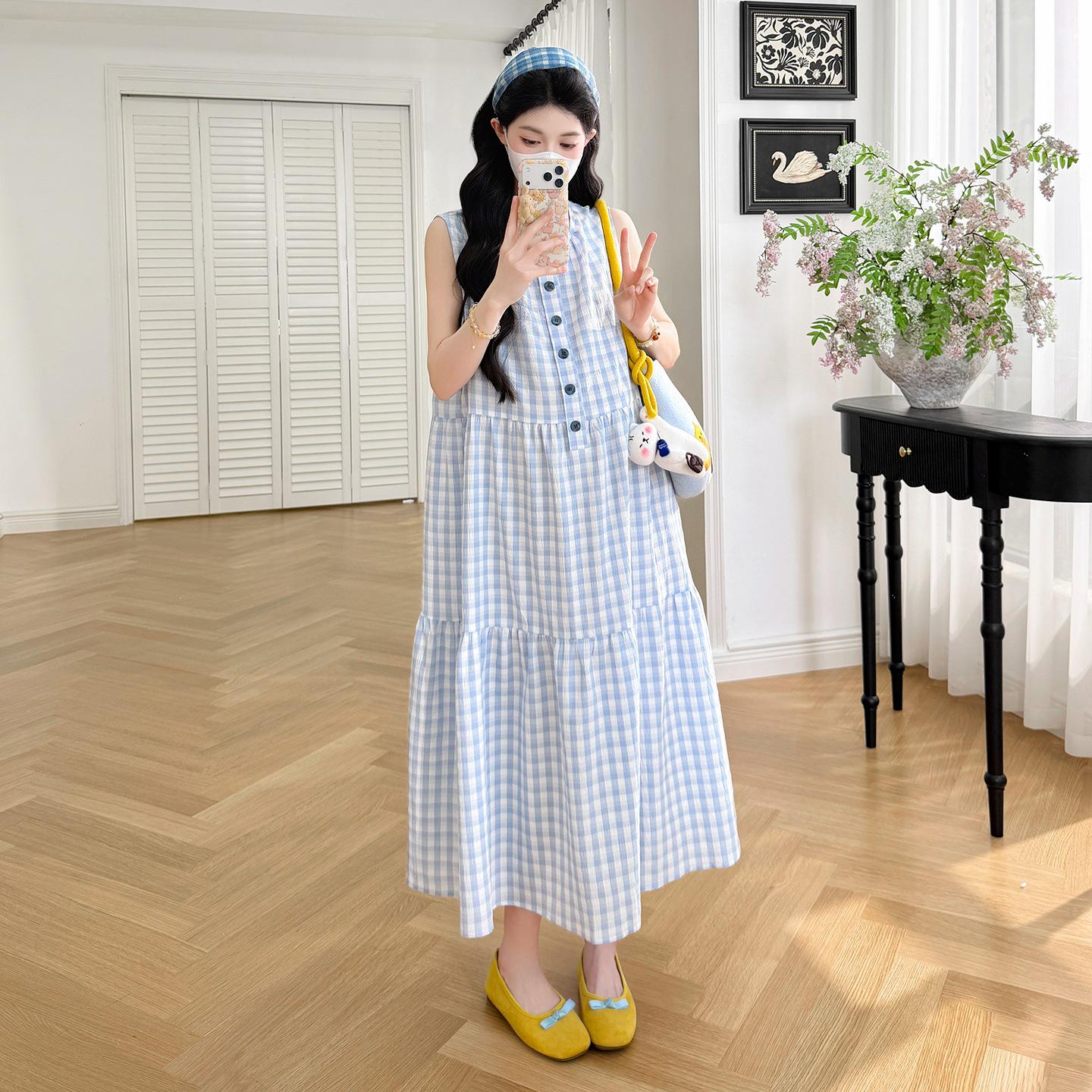 Elegant Blue Plaid Sleeveless Maternity Dress – Summer 2026 Edition M
