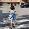 Summer 2024 Denim Vest and Puff Sleeve Camisole Top Set for Girls - Korean Children's Vertical Striped Shorts Collection