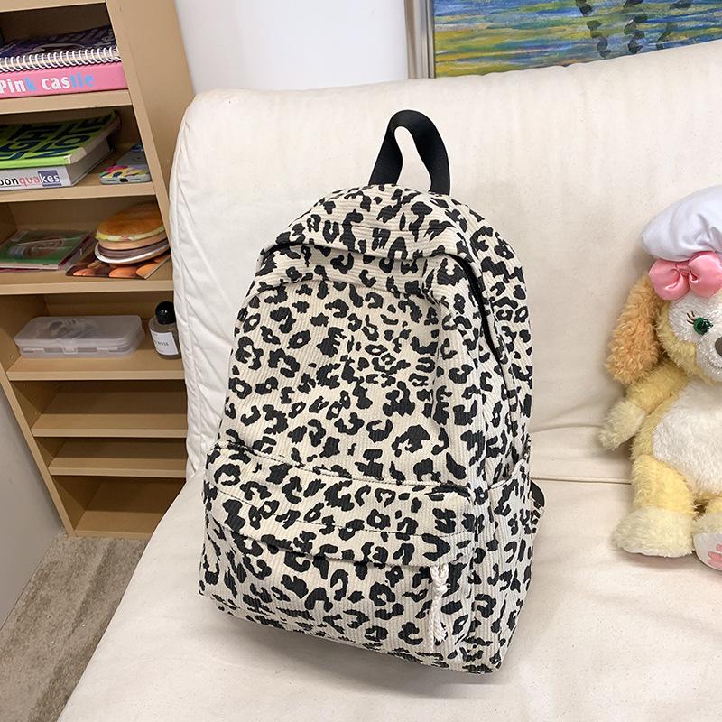 Women's Leopard Print Backpack Fashion Hundred Corduroy Backpack Trendy Student School Bag High Value Large Capacity Backpack