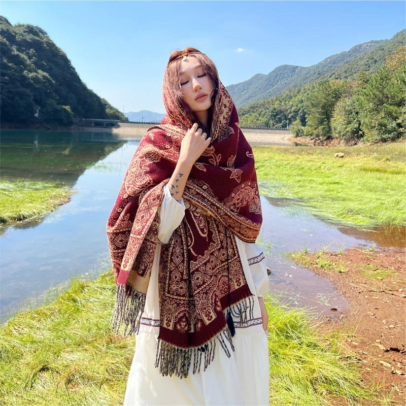 

Xizang Yunnan Travel Big Shawl Women s Scarf Dual-purpose Spring and Autumn Sunscreen Warm Core-spun Yarn Cloak Jacket 180cm