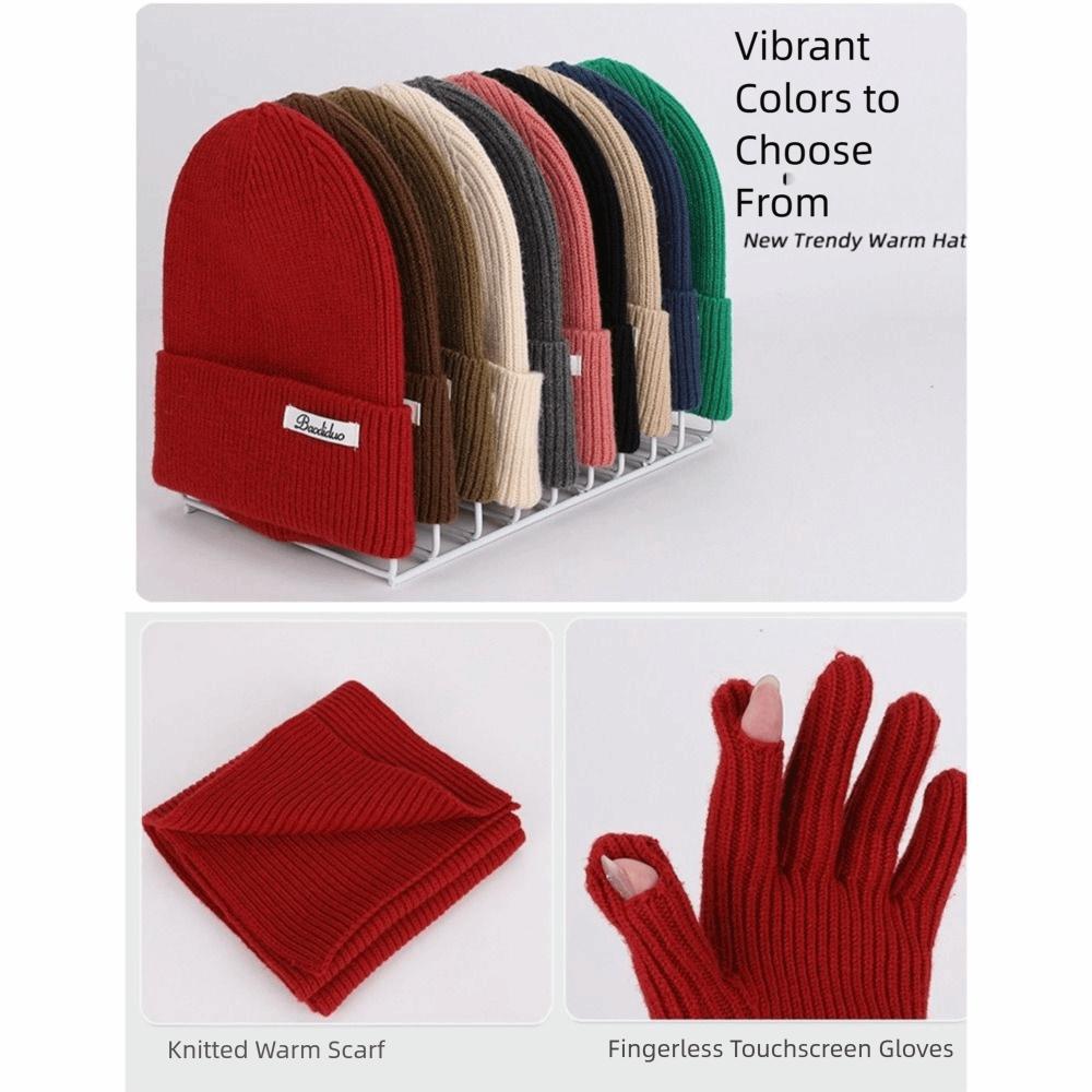 Wool Hat Scarf Gloves Set Solid Color Winter Beanie Hat Neck Warmer Thermal Knit Cap Cold Weather