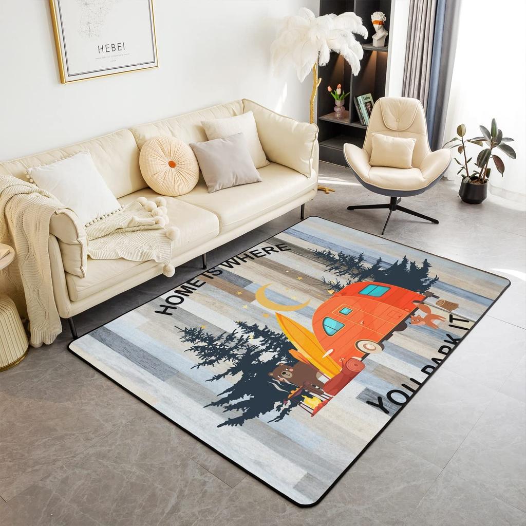 Happy Camping Living Room Rugs,Rv Car Area Rug,Vintage Farmhouse Style Non Slip Carpet, Camper Indoor Floor Mat for Travel Lover