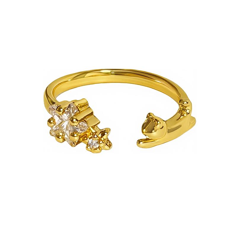 Medieval Light Luxury Diamond-Encrusted Zircon Cat Weave Pattern Hollowed Out Full Diamond Opening Ring Niche Stacked High-End Ring