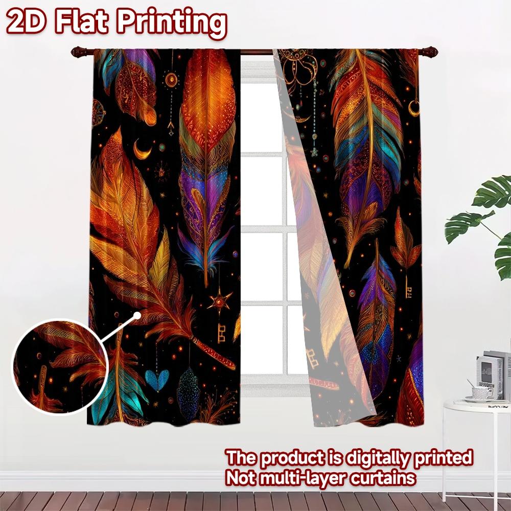 2D Flat Printing 2pcs Curtain Party Window Curtains Dreamcatcher and Colorful Feathers Digital Printed Polyester Drapes Seasonal