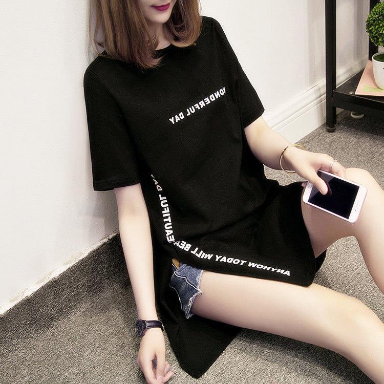 Print Long T Shirts Summer Women Loose Slit Femme Tops T-shirt Short Sleeve Ladies T-shirt