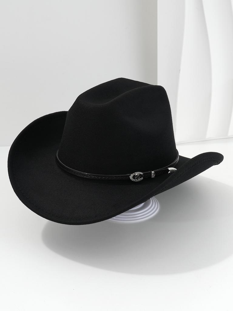 Vintage Black Cowgirl Hats with Personalized Metal Buckle Leather Belt Women Men Wide Brim Jazz Caps Western Fedora Hat