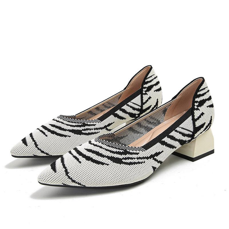 Flying Woven Single Shoes Temperament Fan Color Medium Heel Knitted Pointed Boat Shoes Single Thick Heel