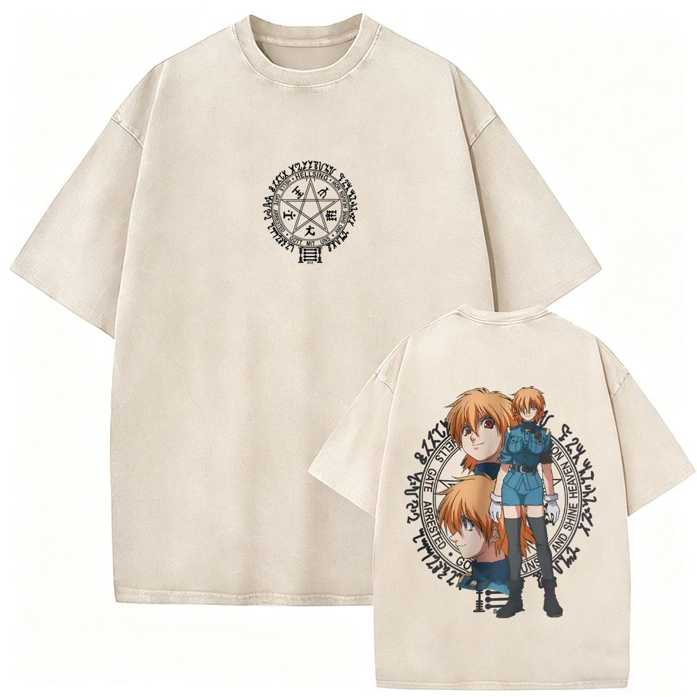 Washed Vintage Anime Hellsing Yumie Takagi Graphic Tshirt Vampire Alucard Merch Tshirts Mens Gothic Manga Oversized T Shirts