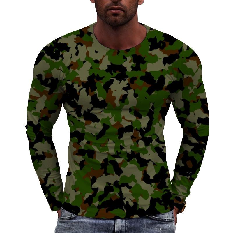 Men's Camouflage Printed Long Sleeve T-shirt European Size Casual round Neck Top Trendy Autumn Wear