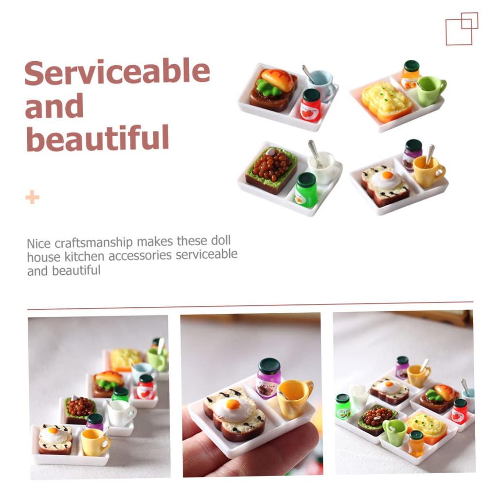 TENDYCOCO Set Miniature Food and Play Toast Miniature Dessert House Breakfast House Food Toast Bread 4-Piece Set, Model, Accessories, Props, Plate,