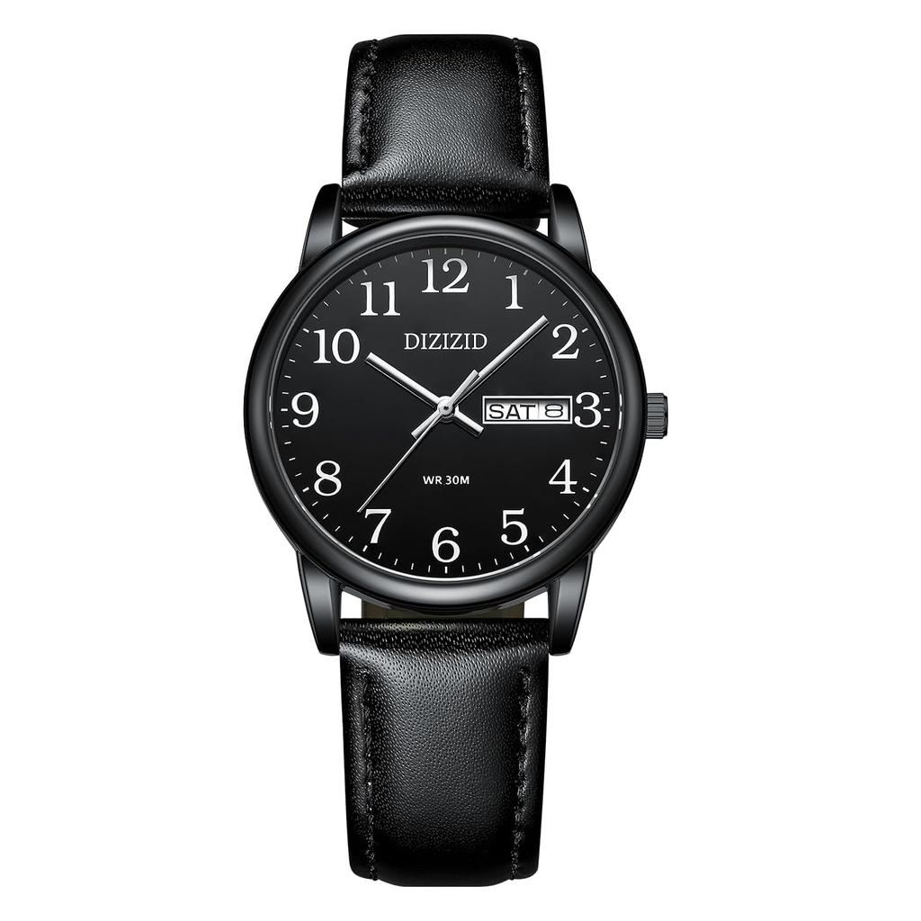 Mens watch analog waterproof leather strap simple popular stylish business classic date day slim easy-to-read dial unisex (Black B)