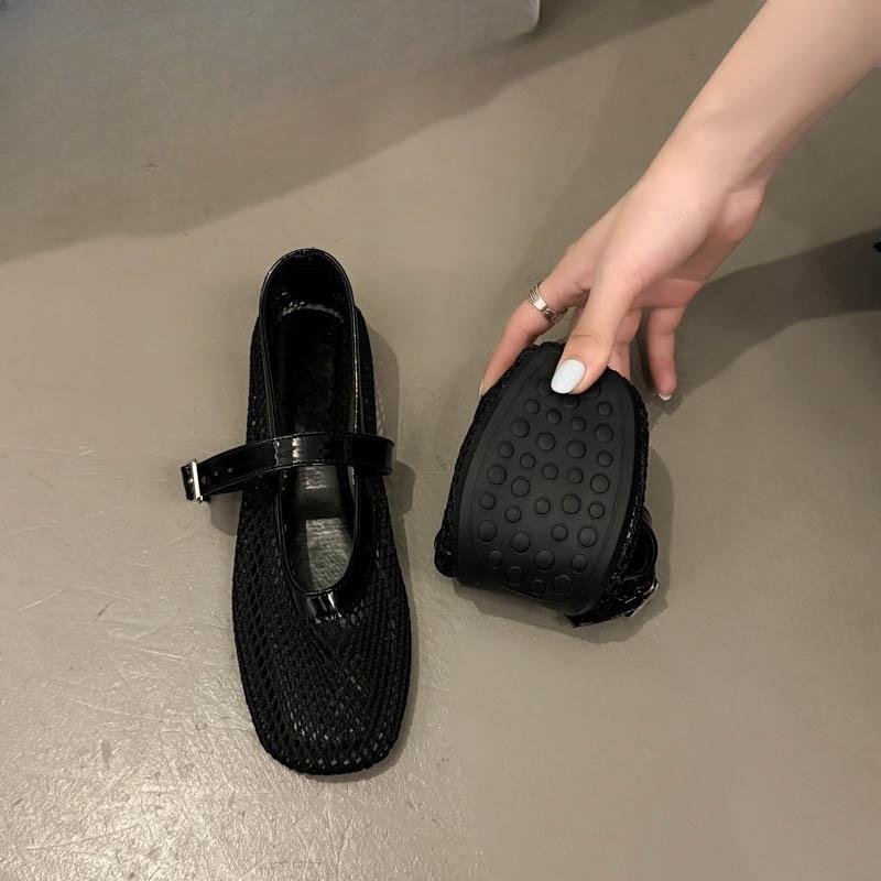 Fashion Summer New Flat Hollow Vintage Mary Women's Shoes Round Toe Shallow Mesh Breathable Versatile Fishnet Soft Sole Single Shoes