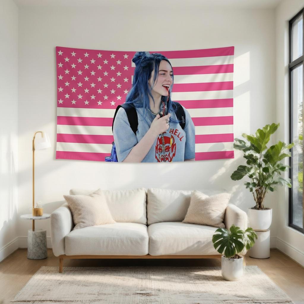 Virales Billie Eilish Blaues Haar Wandteppich Rosa Amerikanische Flagge - Premium Flachdruck Wandbehang Dekoration