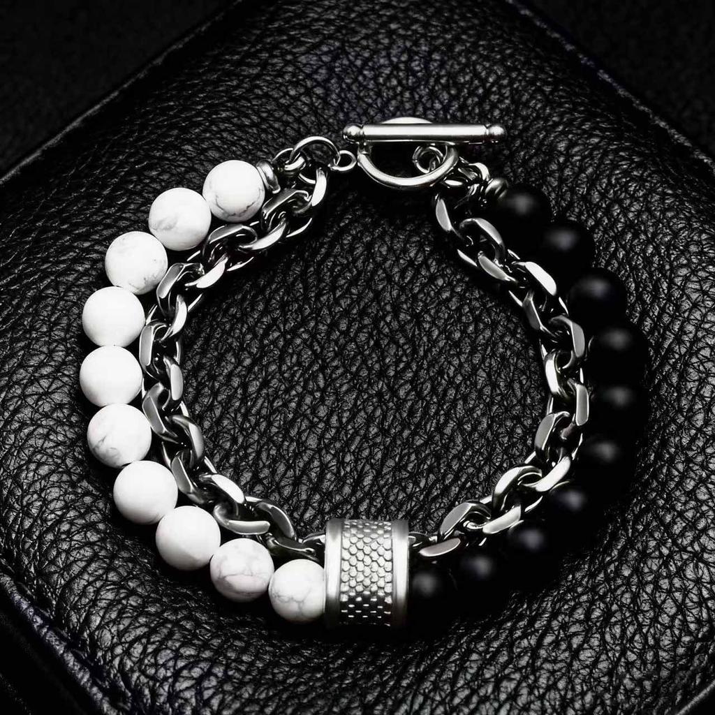 Malachit Kartenstein Herrenarmband - Perlenarmband aus Edelstahl im Retro-Stil - Schmuck