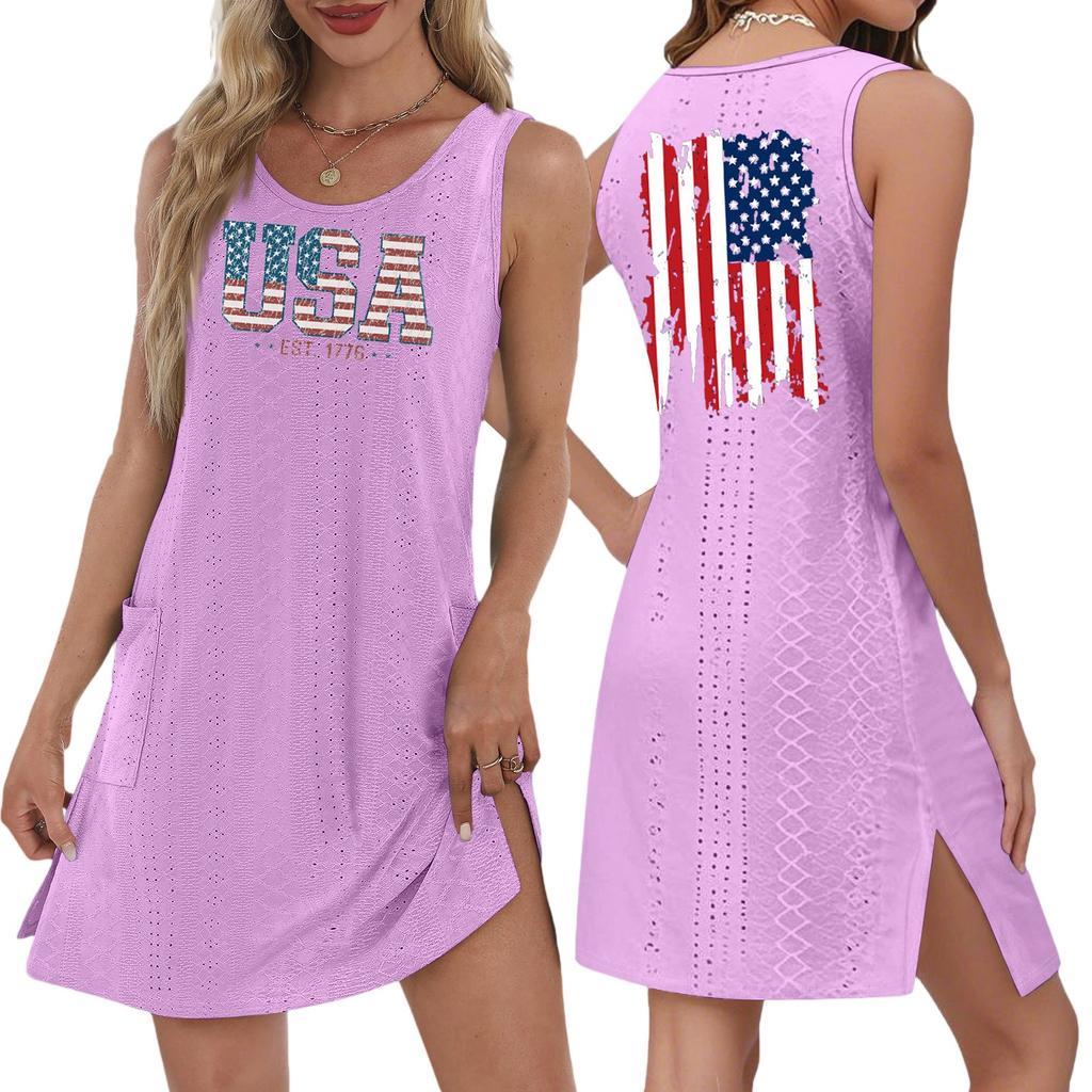 Women's Casual Fashion Breathable Independence Day Printed Pocket Hem Slit Vest Dress
