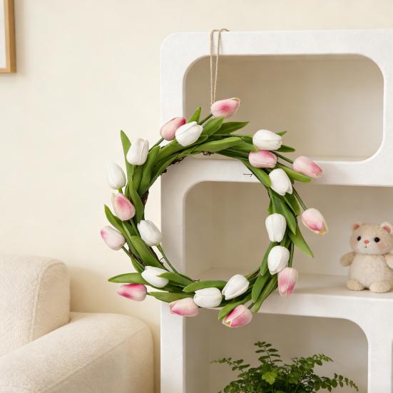 Artificial Tulip Wreath with Vine Base Lifelike Floral Door Wall Hanging Decor for Home Garden Party Fade-Resistant Reusable Spring Home Decoration