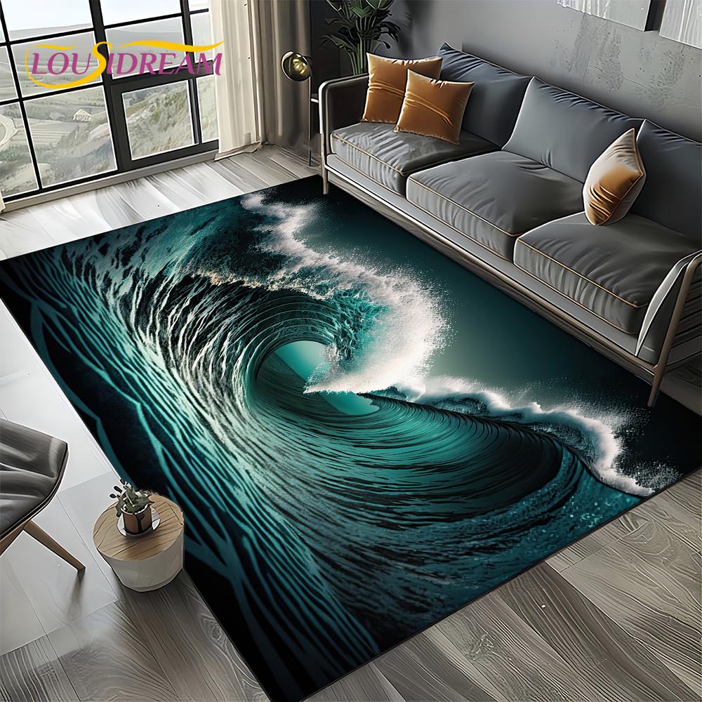 2025 New Style Blue Green Seawater Sea Wave Scenery Carpet Rug for Living Room Bedroom Home Sofa Decoration,Non-slip Floor Mat