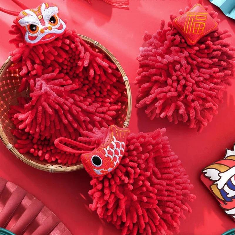 New Chinese Style Schneier Handkerchief Cute Handball Red Holiday Cartoon Kitchen Bathroom Lion Dance Handkerchief