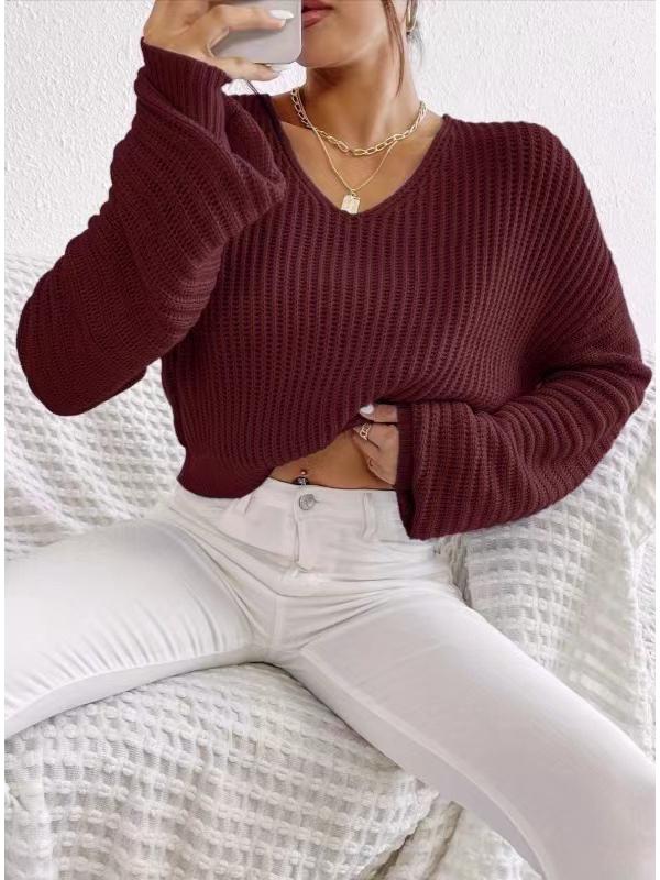 Herbst 2025 Einfarbiger V-Ausschnitt Laternenärmel Damen-Pullover