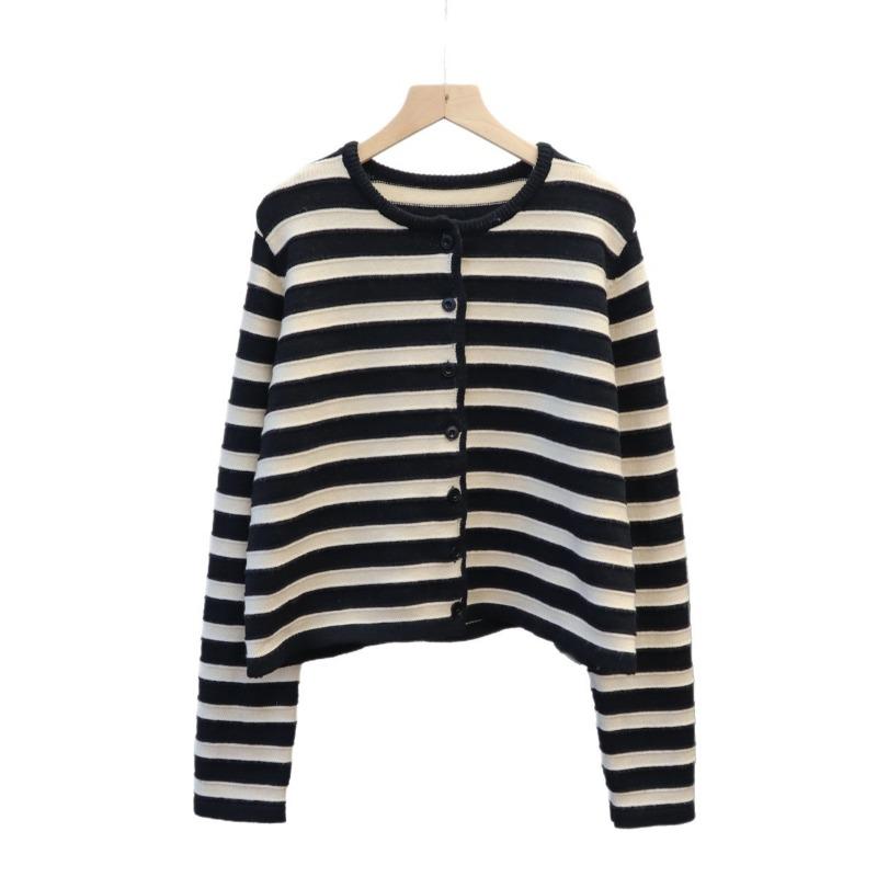 Short Contrasting Striped Knitted Cardigan Autumn and Winter New Soft Waxy Design Loose Sweater Jacket Women