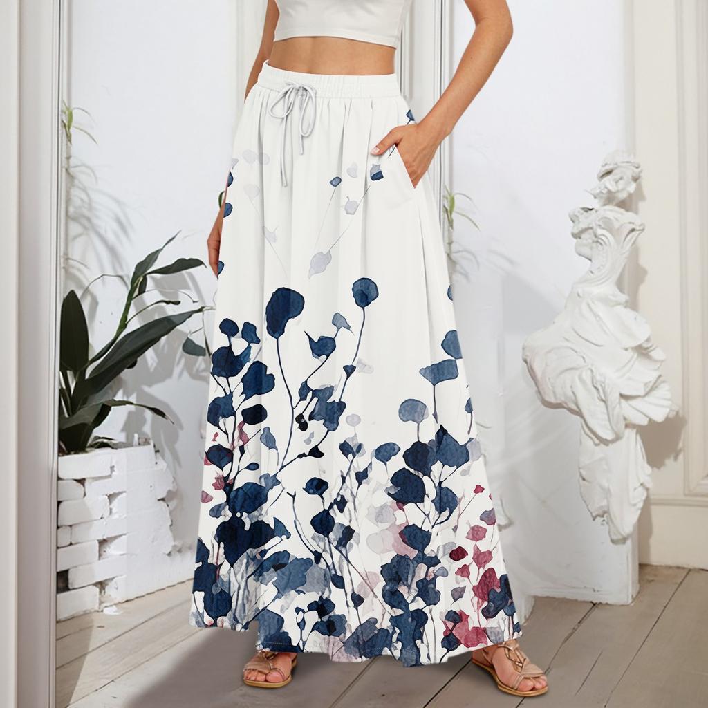 Women's Flowy Flared Ruffle Hem A Line Maxi Skirts Elastic Waist Elegant Tiered Layer Boho Long Skirts