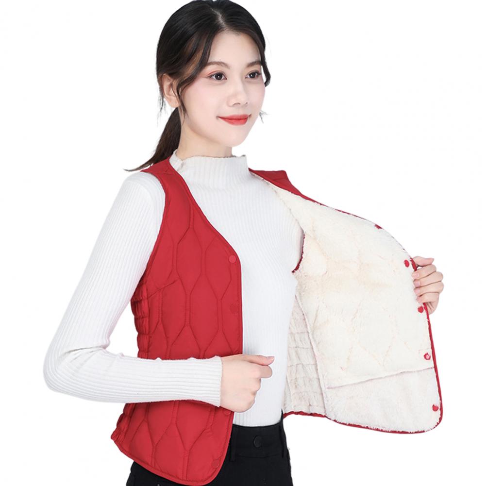 Winter Women Layering Vest Coat Thin Padded Button Closure V Neck Sleeveless Solid Color Windproof Heat Retention Outdoor Down C