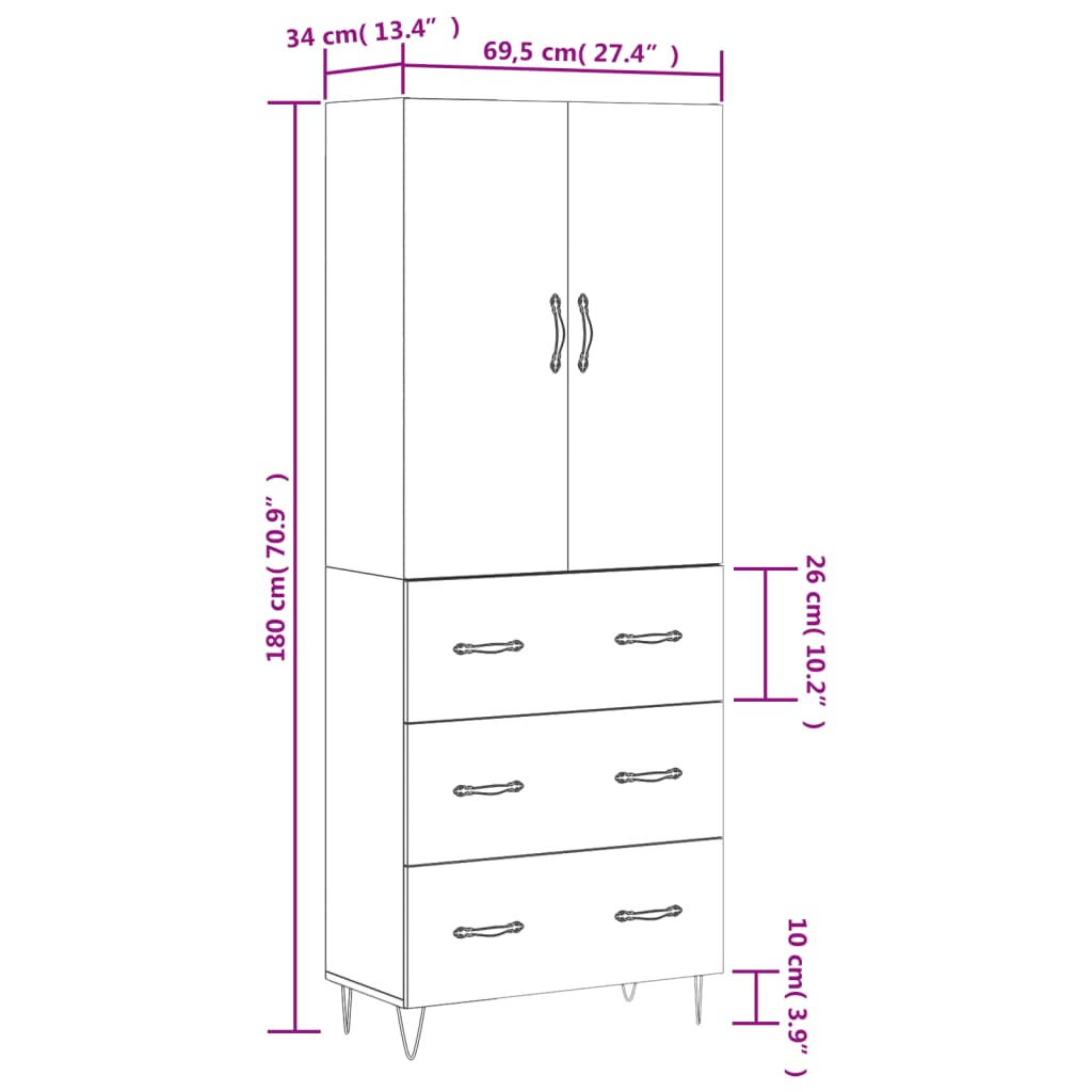 Highboard White 69.5 x 34 x 180 cm Particleboard