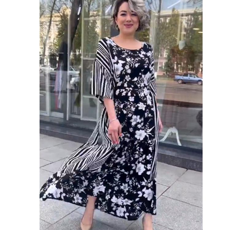 2023 Summer Floral Women's Long Dress with Waist Cinch, Round Neck, and Half-Sleeves - European and American Style
