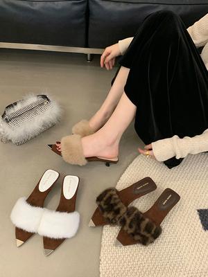 Fashion SUOJIA Fur Autumn New Women's Summer Beach Fashion Open Toe Slip On Slides Ladies Elegant Thin High Heel Dress Pumps Slides