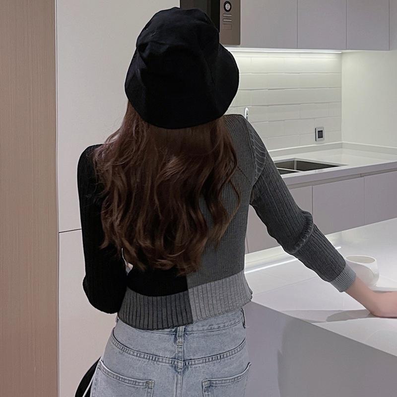 Cardigans Femininos de Tricô de Manga Comprida com Decote em V e Contraste de Cor, Slim, com Umbigo à Mostra