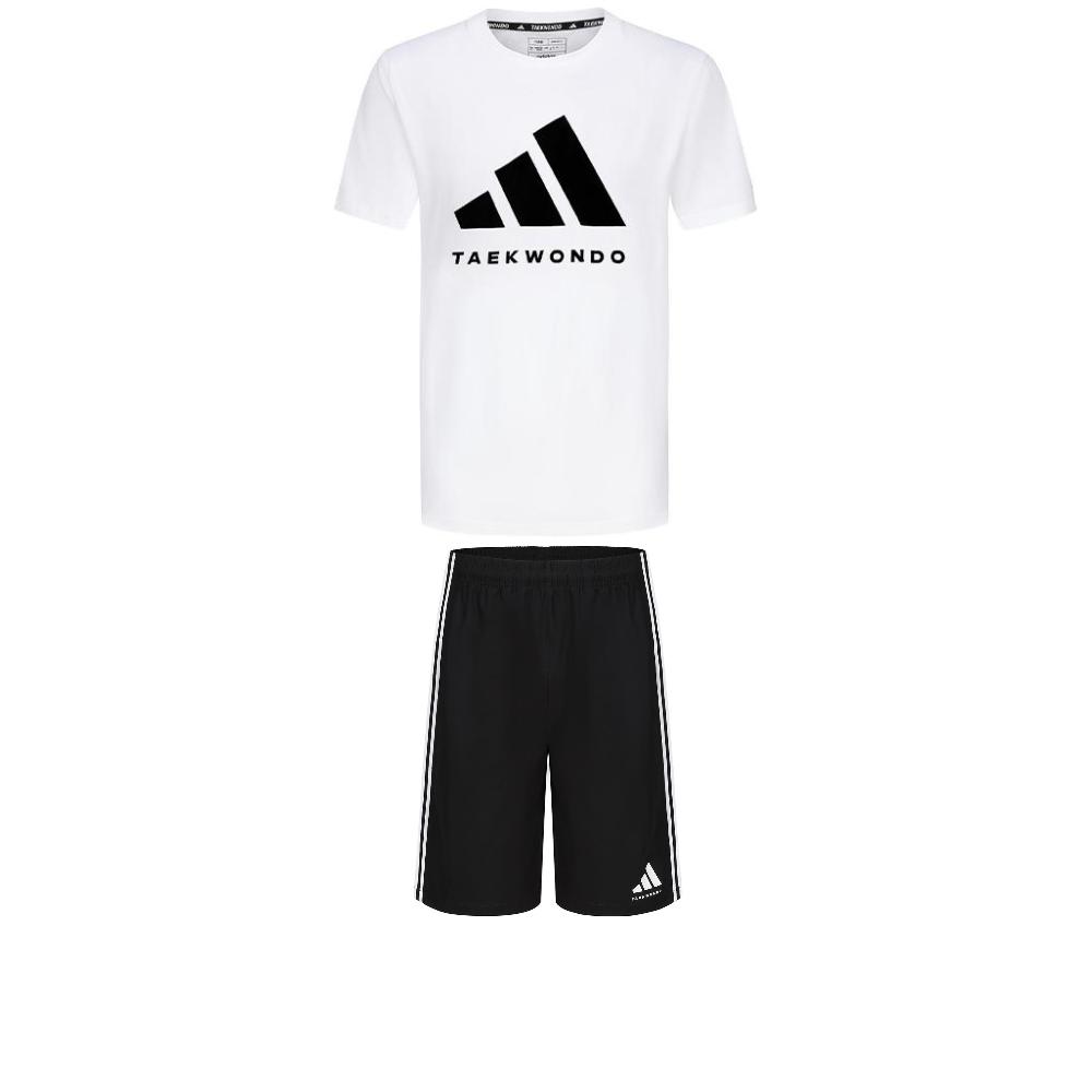Adidas Taekwondo Round Neck Pullover Soft Short Sleeve T-Shirt Comfortable Fashion Striped Shorts Casual Sports Set ADICLTS24TK-WB+S21ATMSH2T-BW