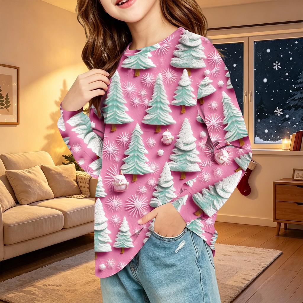 Kids Fashion Christmas Long Sleeve Neck Top with Pocket, Holiday Print Shirt for Boys and Girls