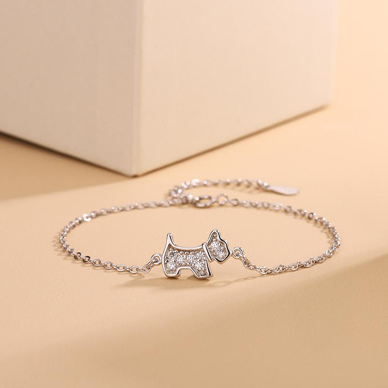 Authentic 925 Sterling Silver Crystal Cute Dog Charm Chain Link Adjustable Women Bracelet Luxury Silver Jewelry Party Gift